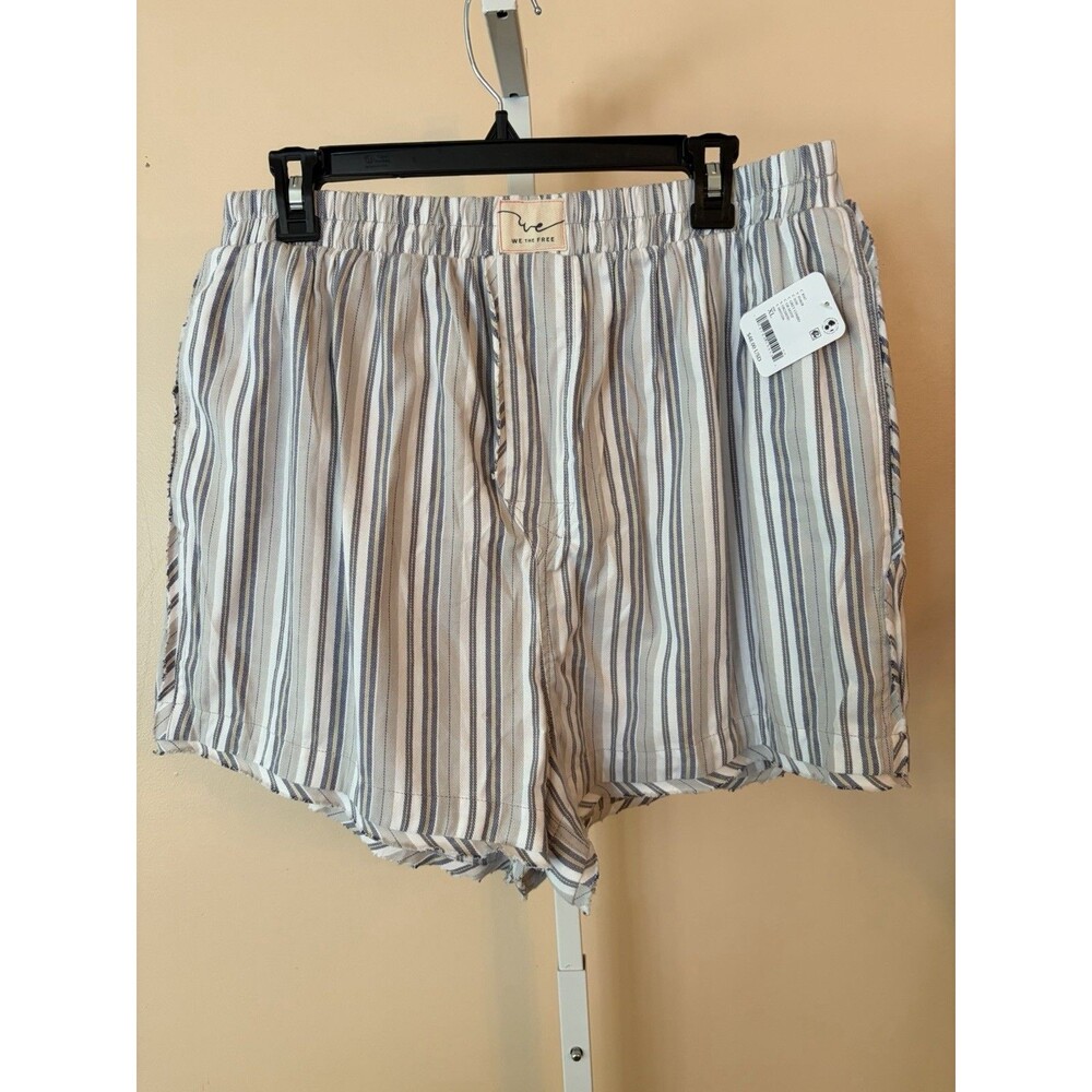 Free People Flannel Gray Blue Striped Shorts Relaxed Pockets Pull On XL Lounge